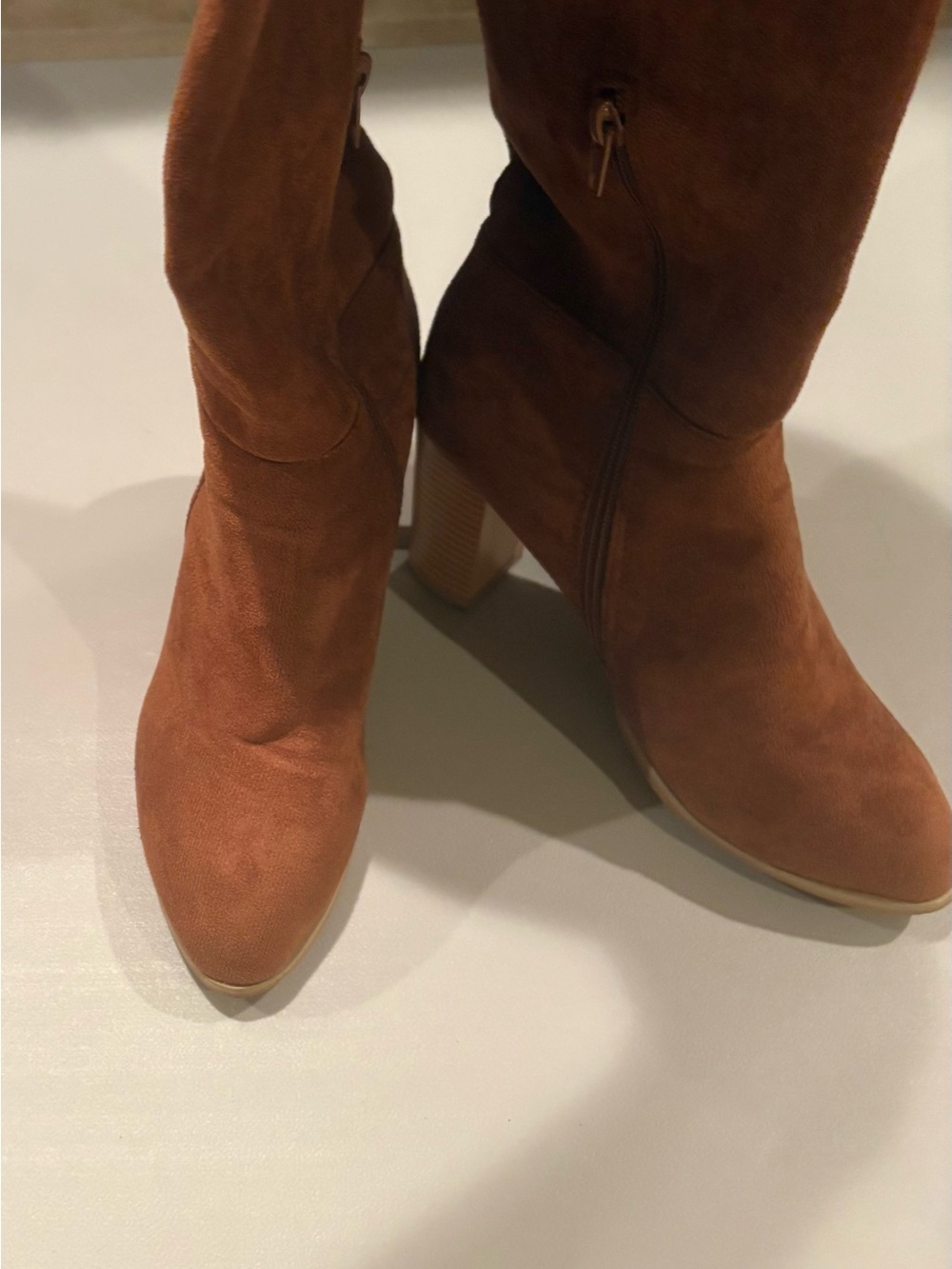 Women's Tan Suede Mid-Calf Block Heel Boots size 39.5 (fits like a size 8)